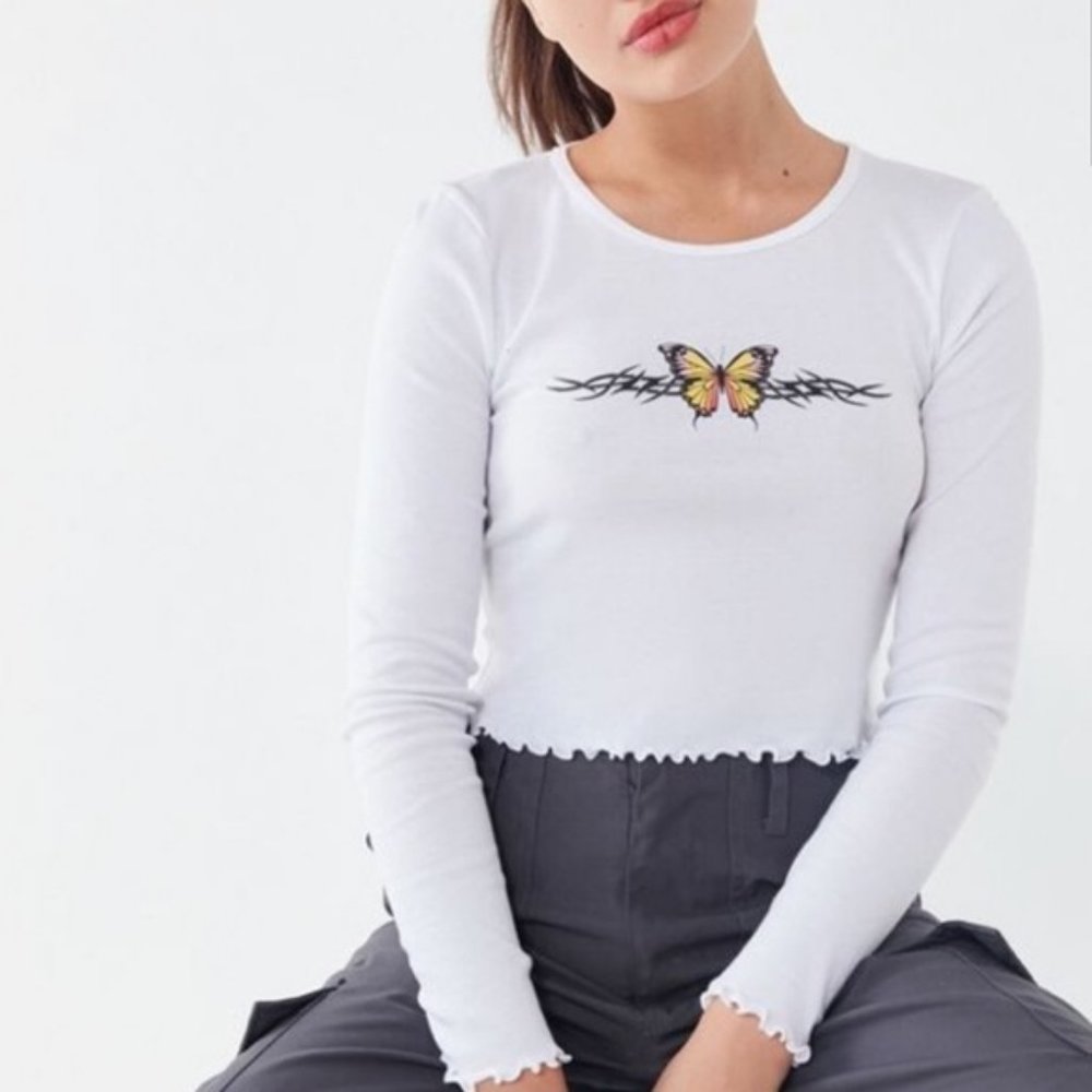 Urban Outfitter Y2K Butterfly Tramp Stamp Long Sleeve Crop Top Sz S
